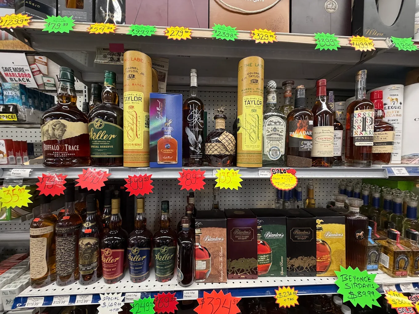 Premium bourbon & whiskey shelf — Buffalo Trace, Weller, Blanton's